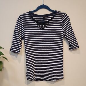 J. Crew Blue and White 3/4 Sleeve Embellished Top Size XS